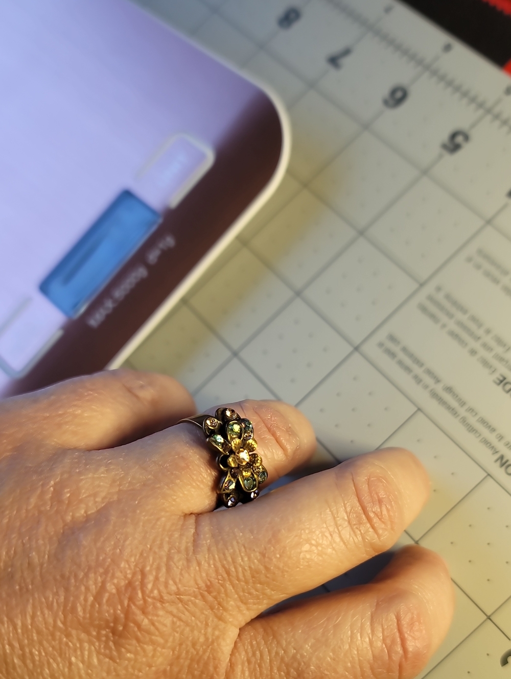 Vintage Michal Negrin Adjustable Gold Floral Ring with Green and Clear Stones